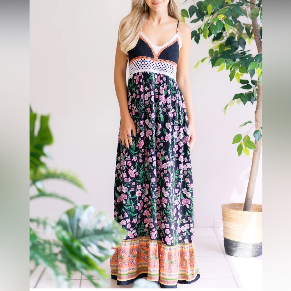 white birch Black Floral Maxi Dress with Pink Flowers